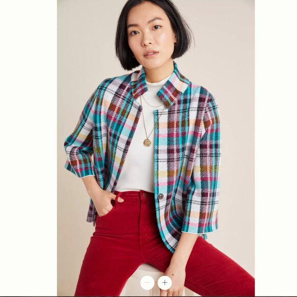 ANTHROPOLOGIE Rosetta Cropped Plaid Knit Jacket | Size Large - Picture 1 of 10